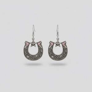 Silver Antique Brushed Metal Horseshoe Sparkling Iridescent Rhinestone Earrings